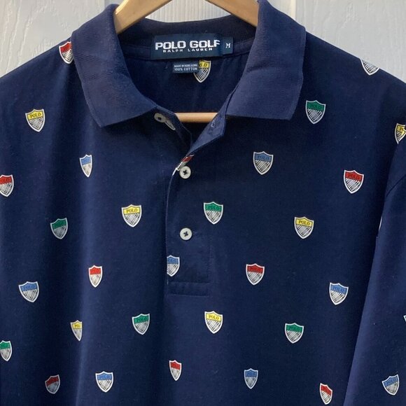 Vintage 90s Polo Golf Ralph Lauren Shields All Over Print Size Medium - Picture 2 of 6